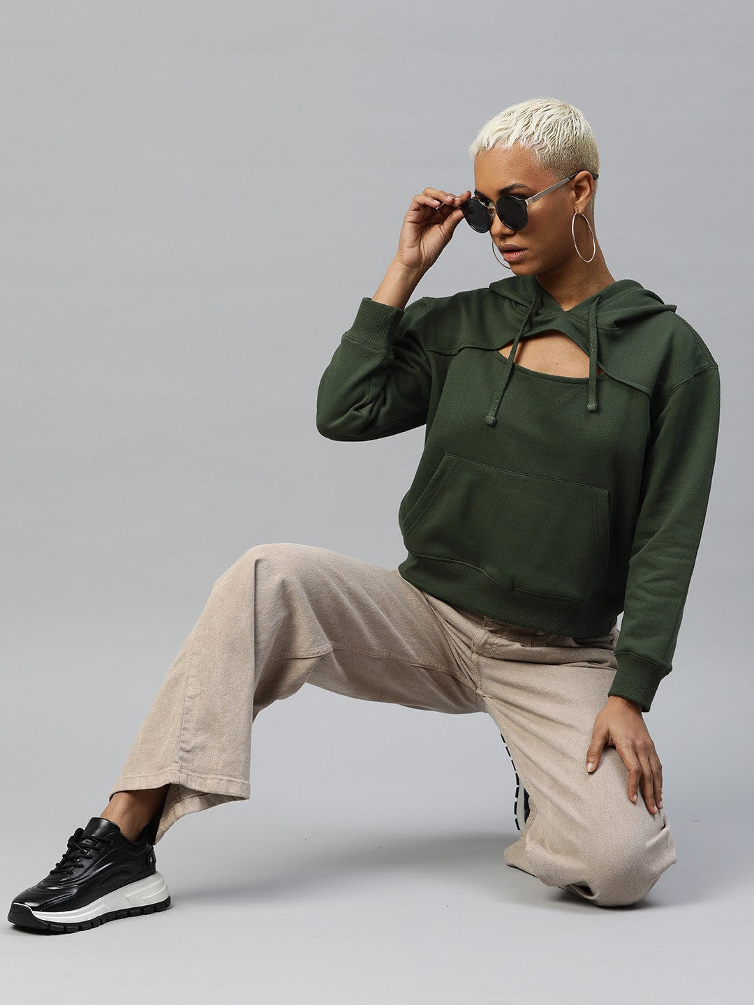 Popnetic Women Solid Cut-Out Detail Hooded Sweatshirt