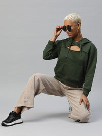 Popnetic Women Solid Cut-Out Detail Hooded Sweatshirt