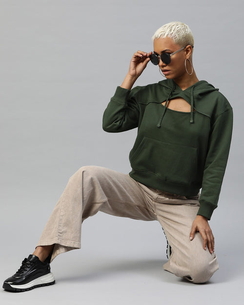 Popnetic Women Solid Cut-Out Detail Hooded Sweatshirt