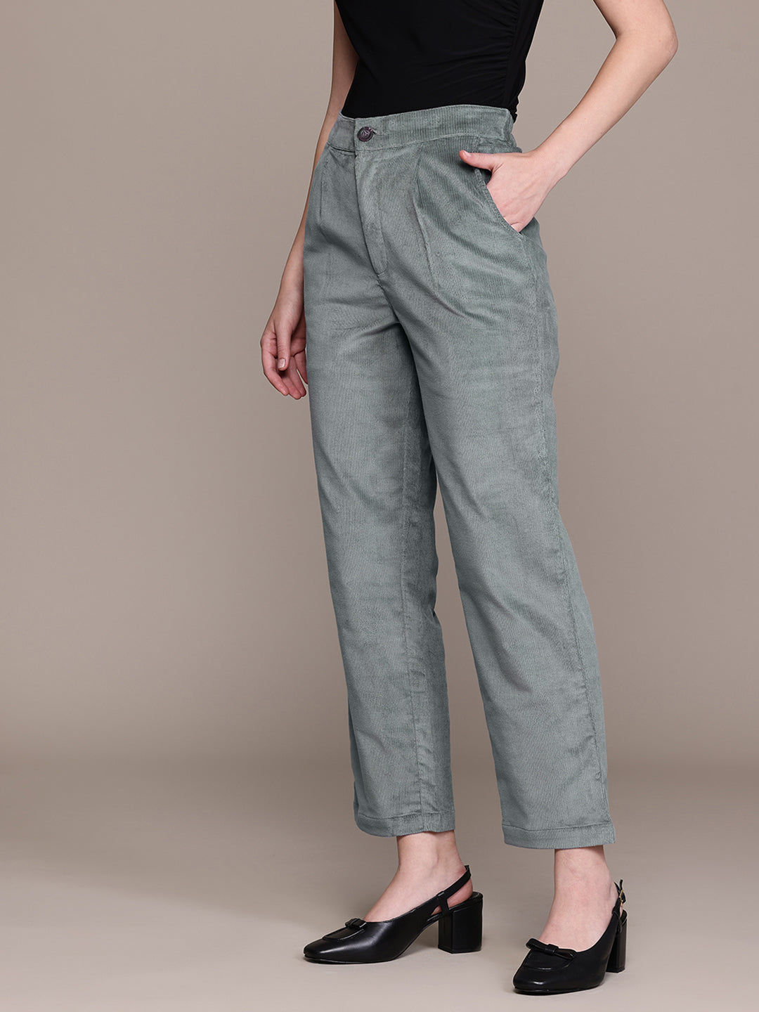 Popnetic Women Smart Straight Fit High-Rise Corduroy Pleated Trousers