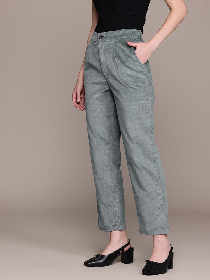 Popnetic Women Smart Straight Fit High-Rise Corduroy Pleated Trousers