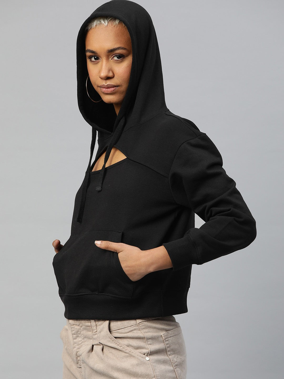 Popnetic Women Solid Cut-Out Detail Hooded Sweatshirt