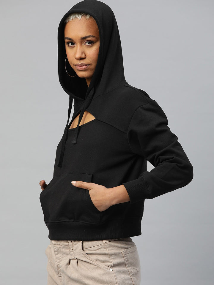 Popnetic Women Solid Cut-Out Detail Hooded Sweatshirt