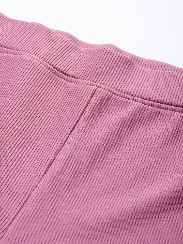 Popnetic Women Ribbed Flared High-Rise Trousers