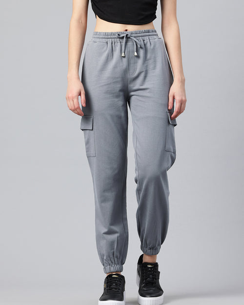 Popnetic Women Pure Cotton High-Rise Cargo Style Joggers Trousers