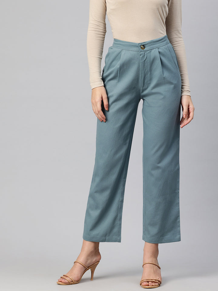 Popnetic High-Rise Pleated Pure Cotton Parallel Trousers
