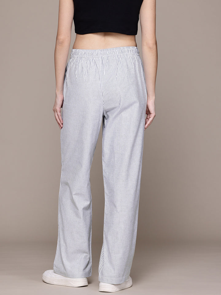 Popnetic Women Striped Smart High-Rise Cotton Linen Trousers