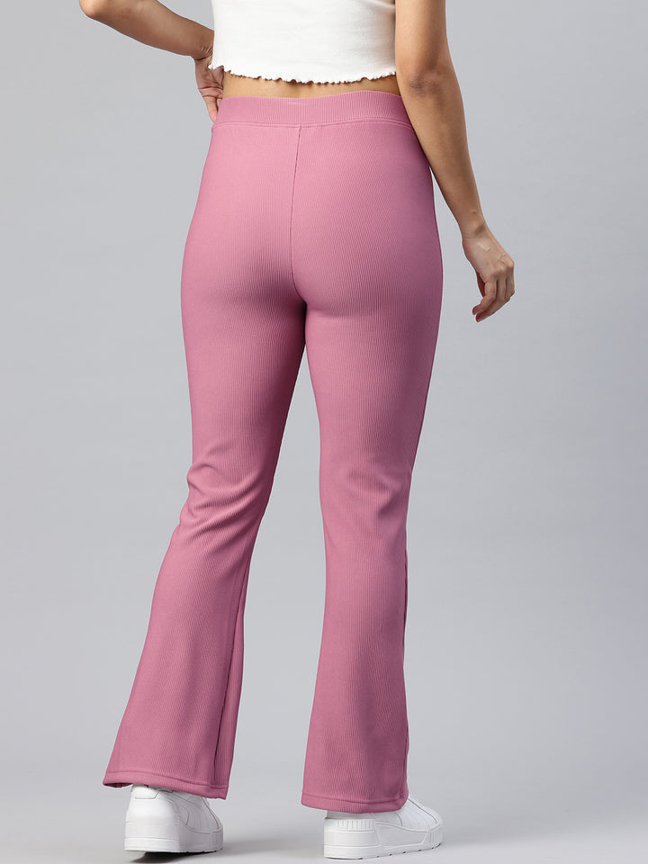 Popnetic Women Ribbed Flared High-Rise Trousers