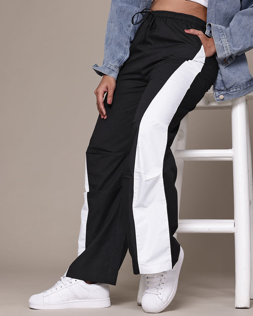 Popnetic Women Colourblocked High-Rise Pure Cotton Wide Leg Fit Parachute Trousers