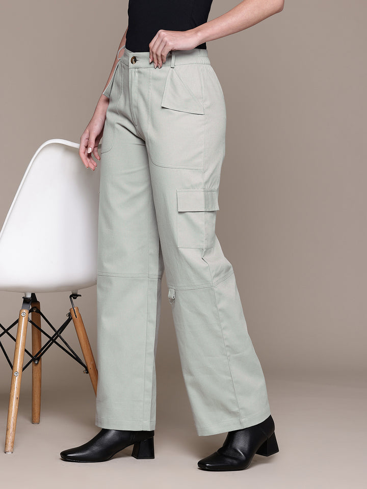 Popnetic Women High-Rise Pure Cotton Twill Weave Cargo-Style Wide Leg Trousers
