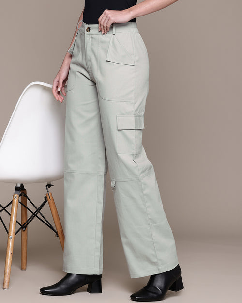 Popnetic Women High-Rise Pure Cotton Twill Weave Cargo-Style Wide Leg Trousers