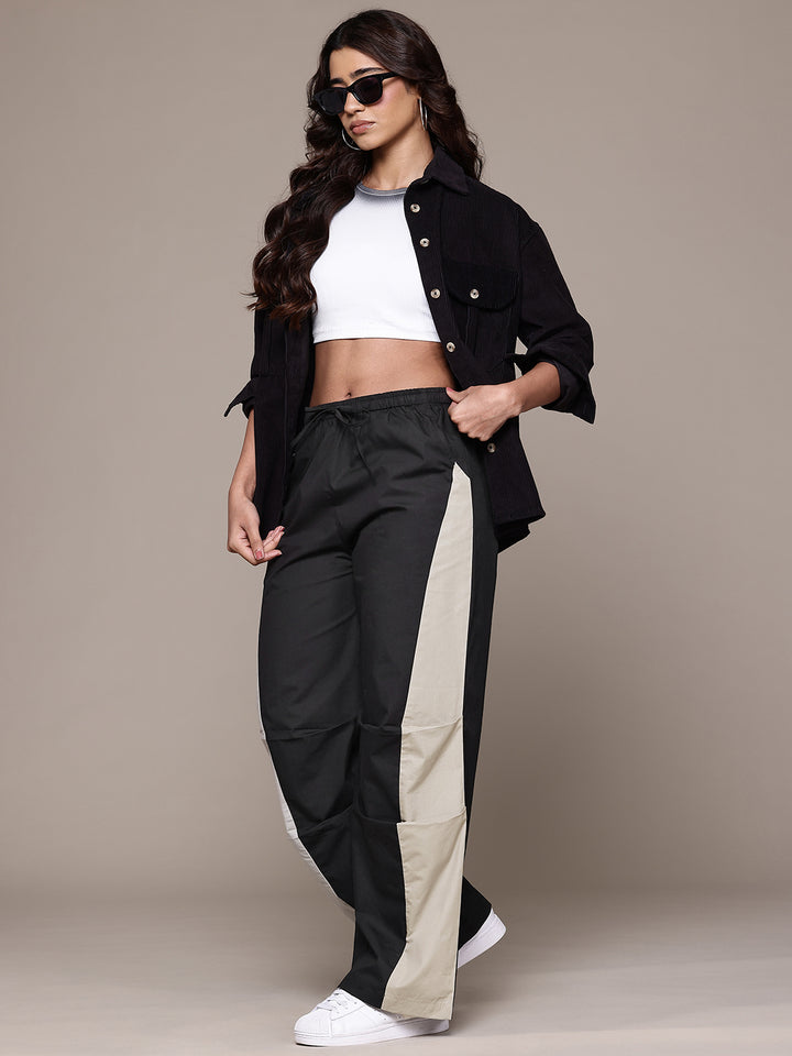 Popnetic Women Colourblocked High-Rise Pure Cotton Wide Leg Fit Parachute Trousers