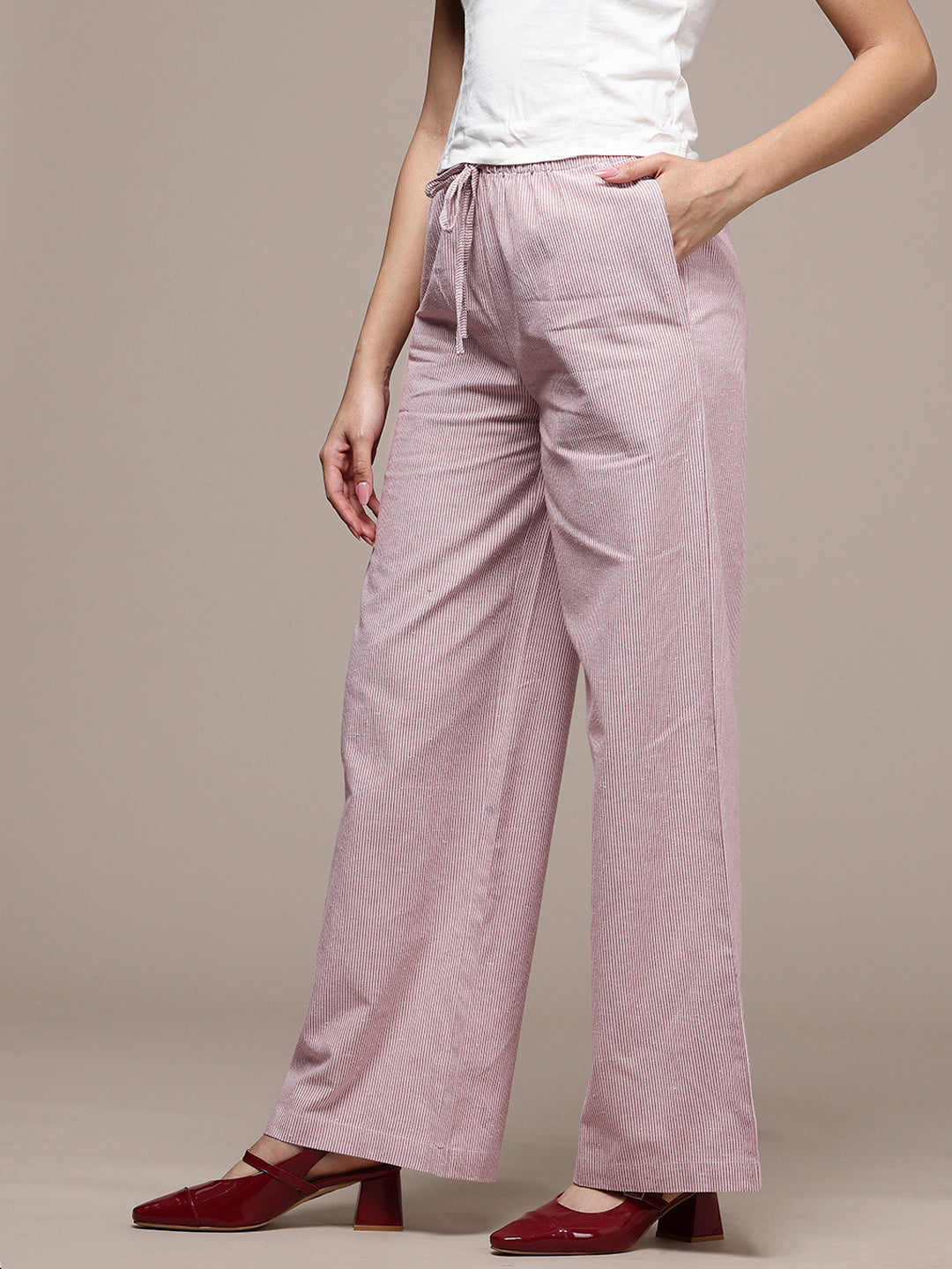 Popnetic Women Striped Cotton-Linen Wide Leg Trousers