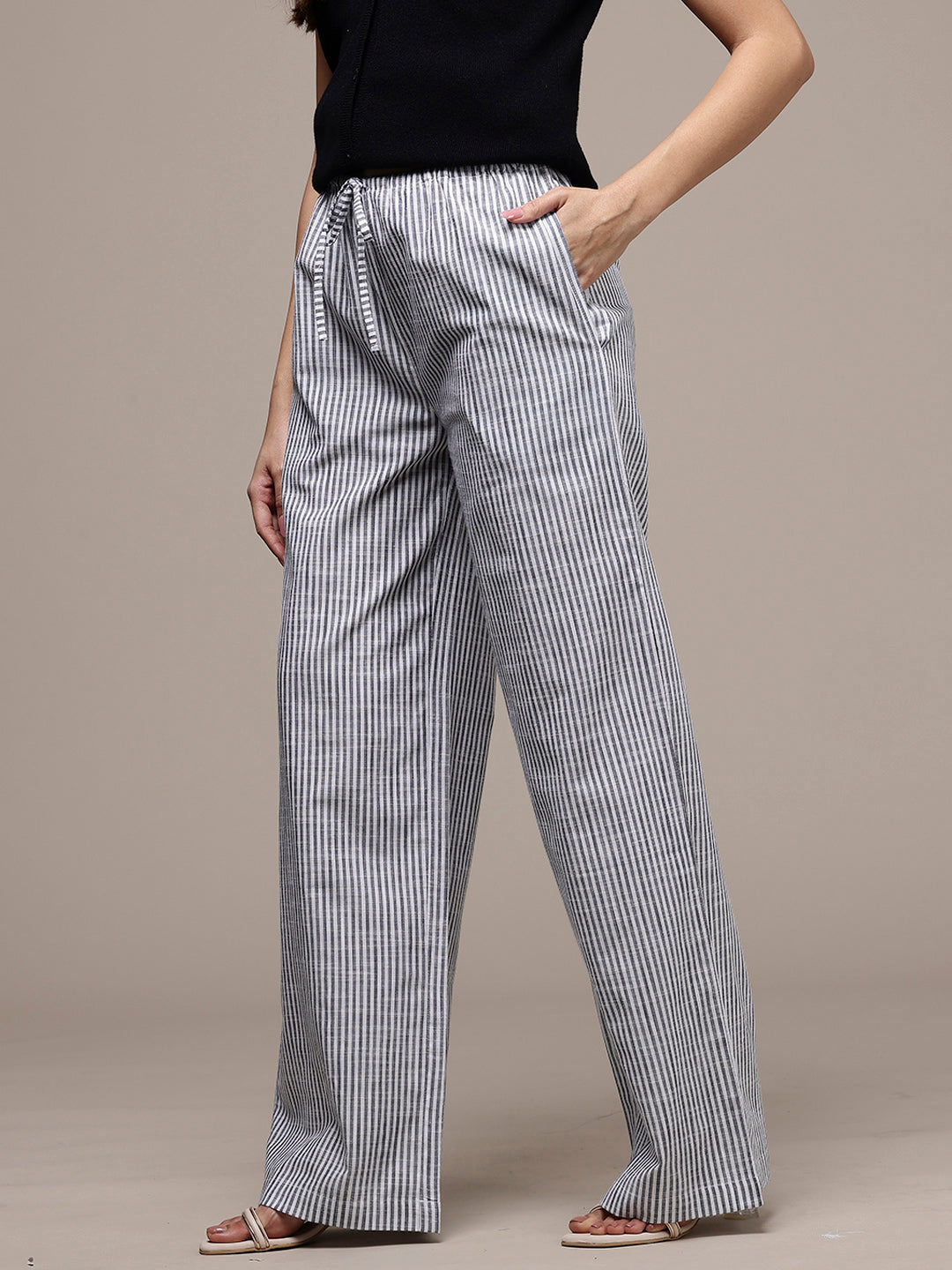Popnetic Women Striped Cotton-Linen Wide Leg Trousers