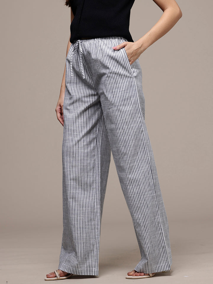 Popnetic Women Striped Cotton-Linen Wide Leg Trousers