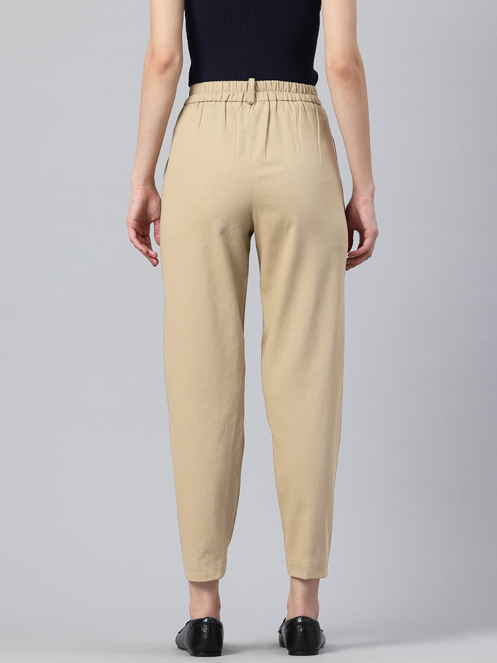 Popnetic Women Tapered Fit High-Rise Pleated Pure Cotton Chinos Trousers