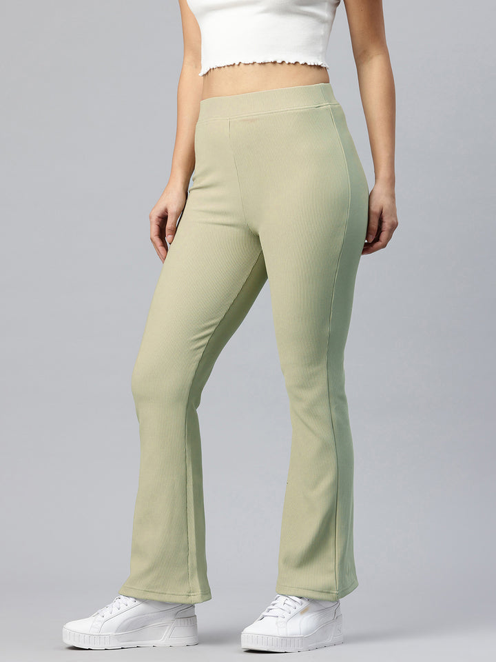 Popnetic Women Ribbed  Flared High-Rise Trousers