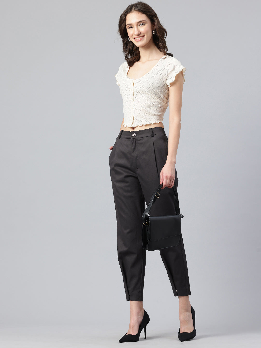 Popnetic Women Tapered Fit High-Rise Pleated Pure Cotton Chinos Trousers