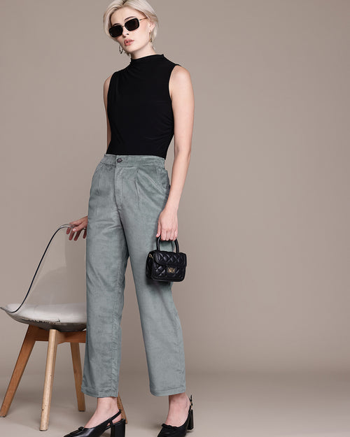 Popnetic Women Smart Straight Fit High-Rise Corduroy Pleated Trousers