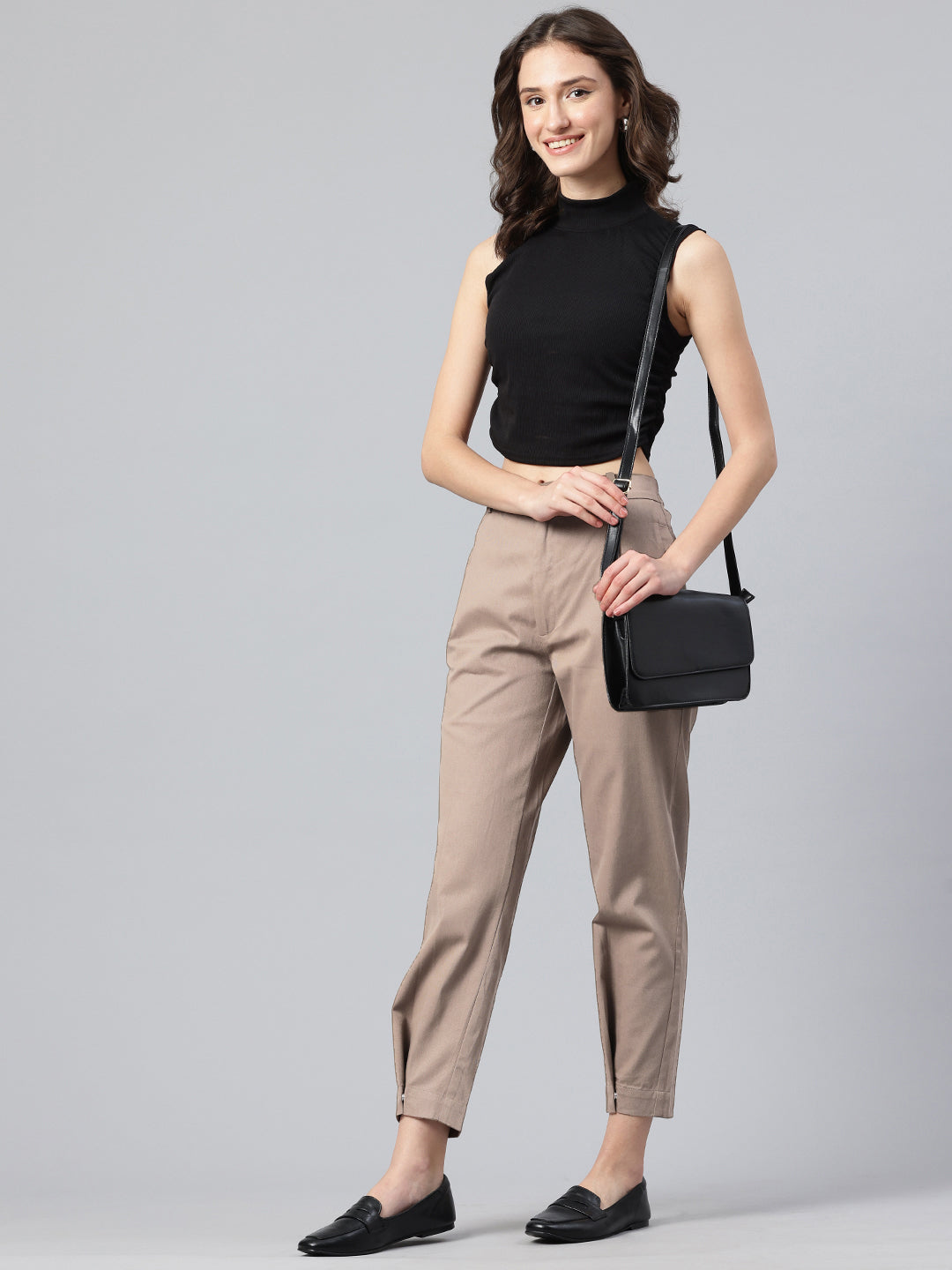 Popnetic Women Tapered Fit High-Rise Pleated Pure Cotton Chinos Trousers