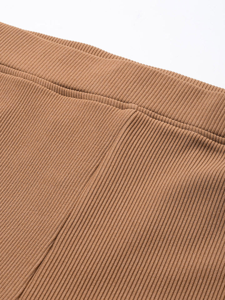Popnetic Women Ribbed Flared High-Rise Trousers