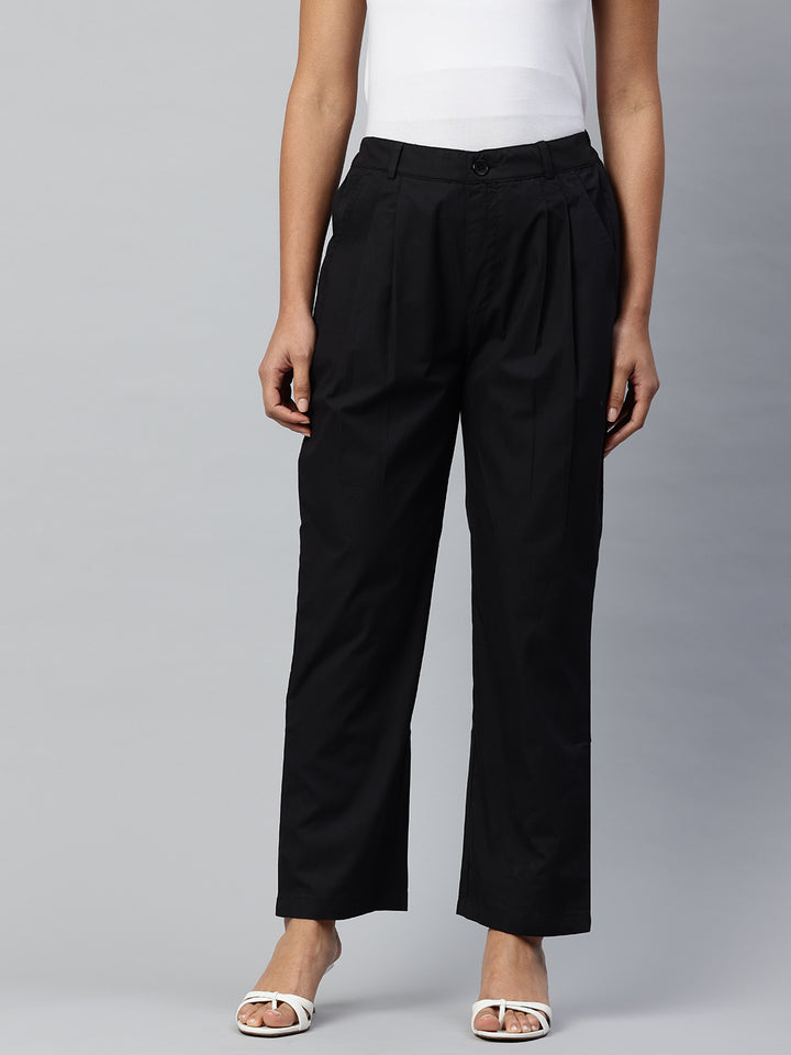 Popnetic Loose Fit High-Rise Pleated Pure Cotton Trousers