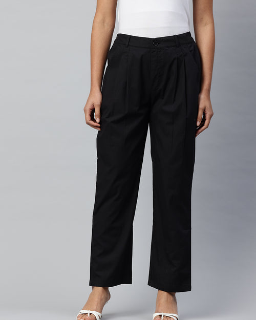 Popnetic Loose Fit High-Rise Pleated Pure Cotton Trousers