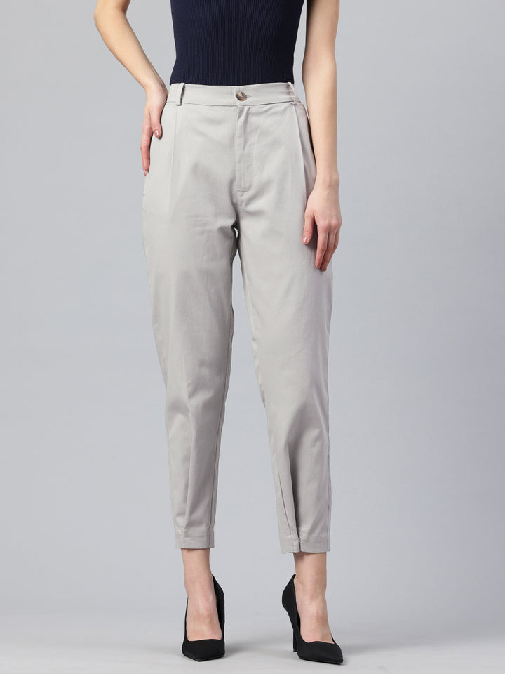 Popnetic Women Tapered Fit High-Rise Pleated Pure Cotton Chinos Trousers