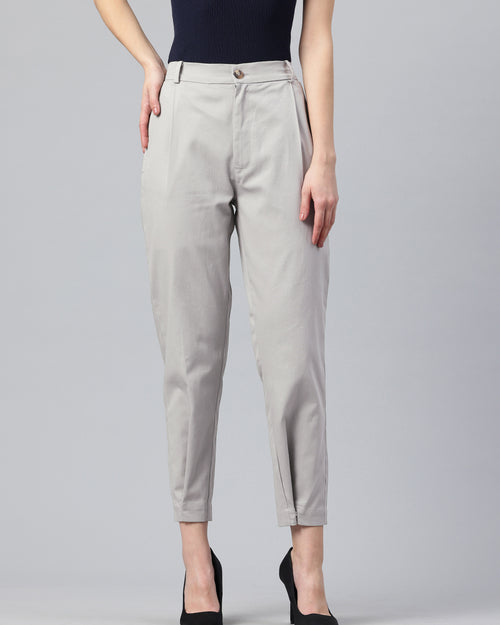 Popnetic Women Tapered Fit High-Rise Pleated Pure Cotton Chinos Trousers