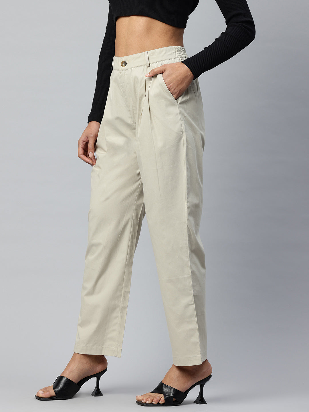 Popnetic Loose Fit High-Rise Pleated Pure Cotton Trousers