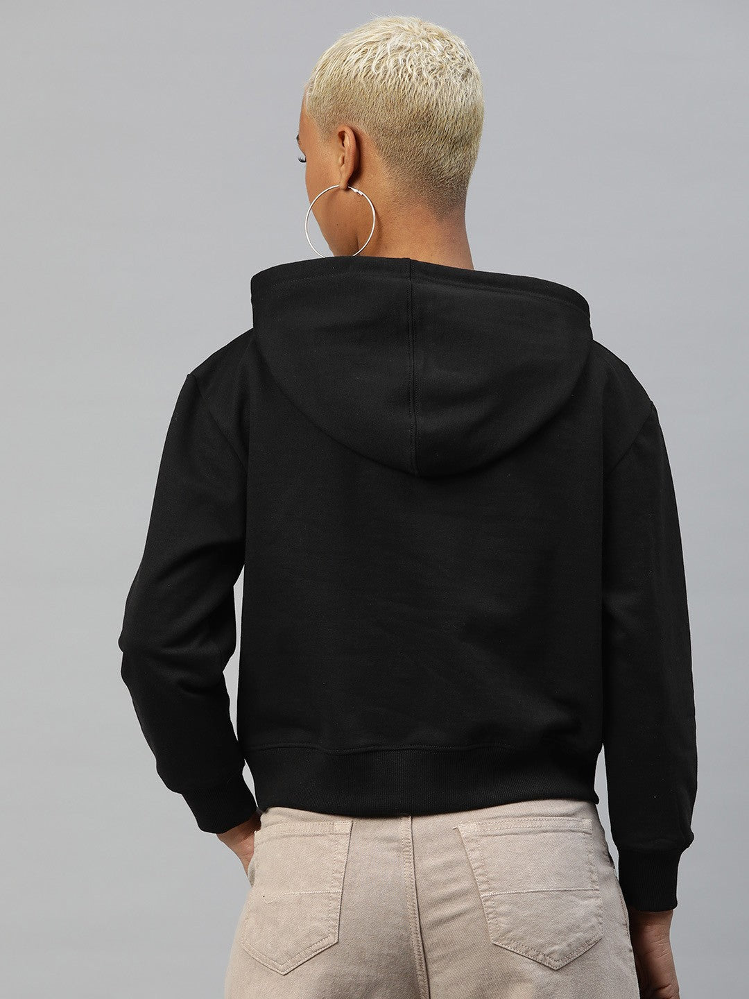 Popnetic Women Solid Cut-Out Detail Hooded Sweatshirt