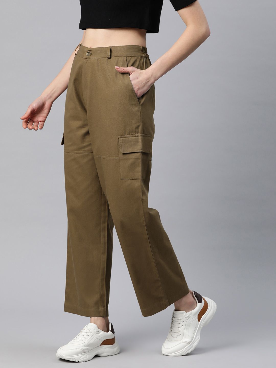 Popnetic Flat-Front High-Rise Pure Cotton Cargos