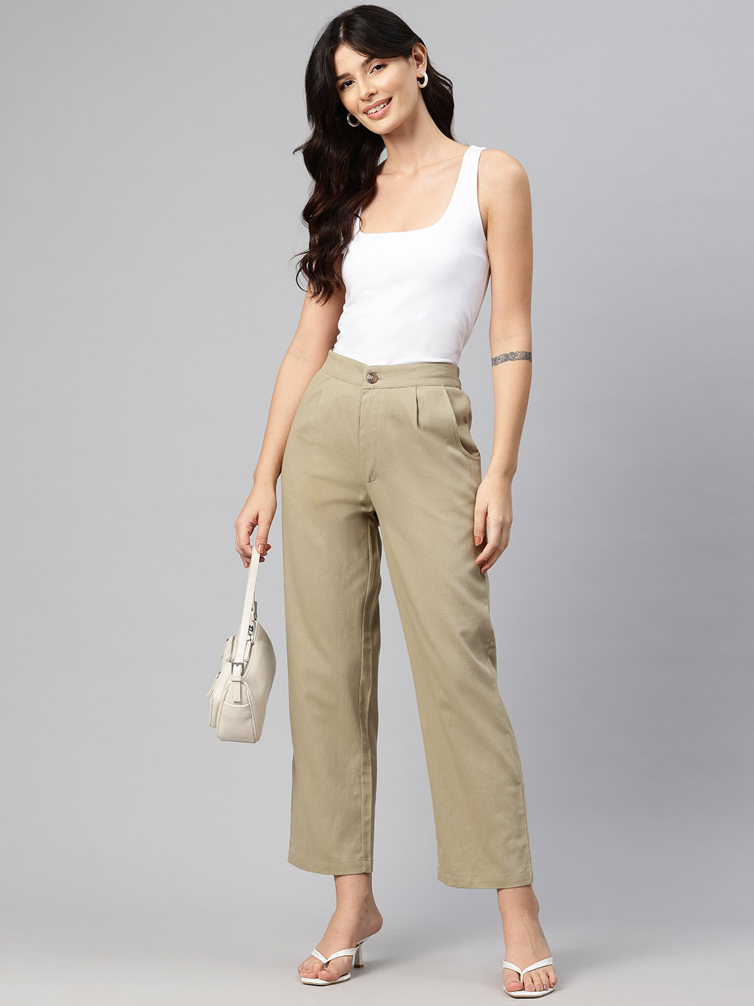 Popnetic High-Rise Pleated Pure Cotton Parallel Trousers