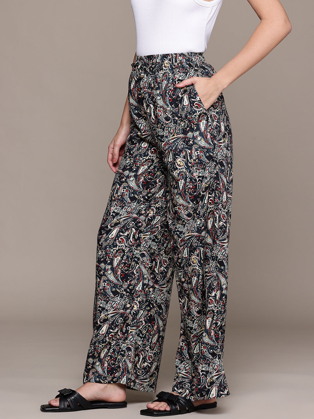 Popnetic Women Ethnic Printed Relaxed High-Rise Wide Leg Trousers