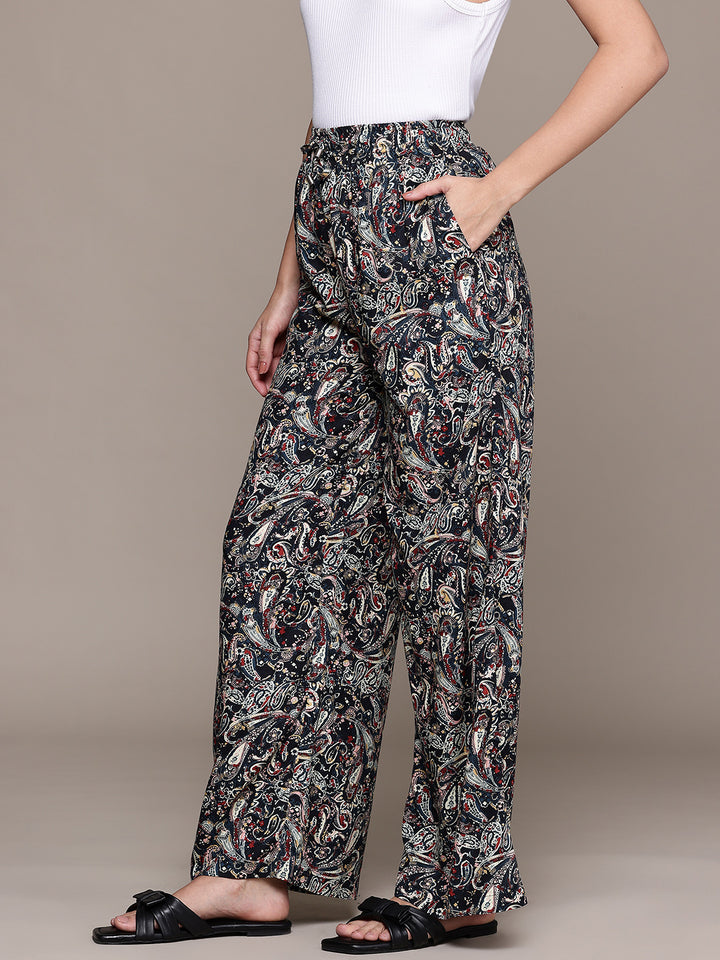 Popnetic Women Ethnic Printed Relaxed High-Rise Wide Leg Trousers