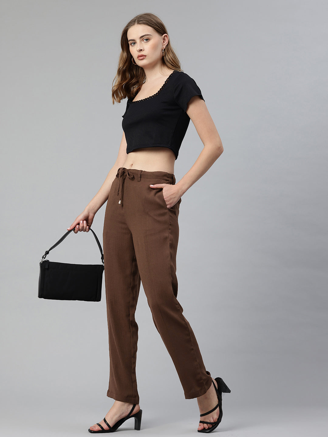 Popnetic Women Textured High-Rise Straight Fit Parallel Trousers