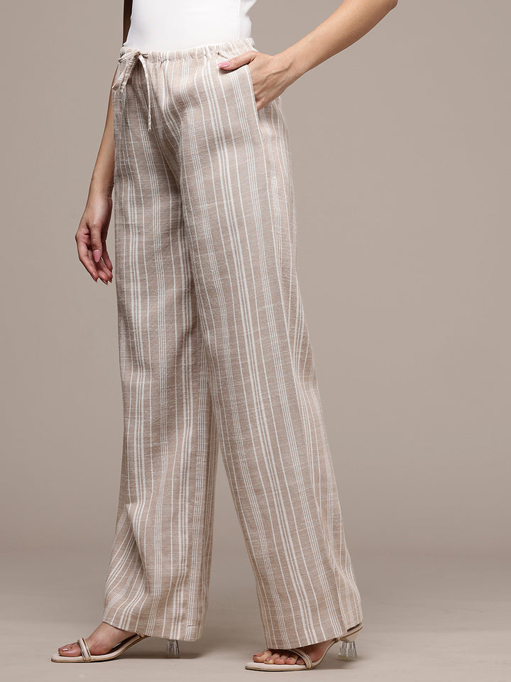 Popnetic Women Striped Cotton-Linen Wide Leg Trousers