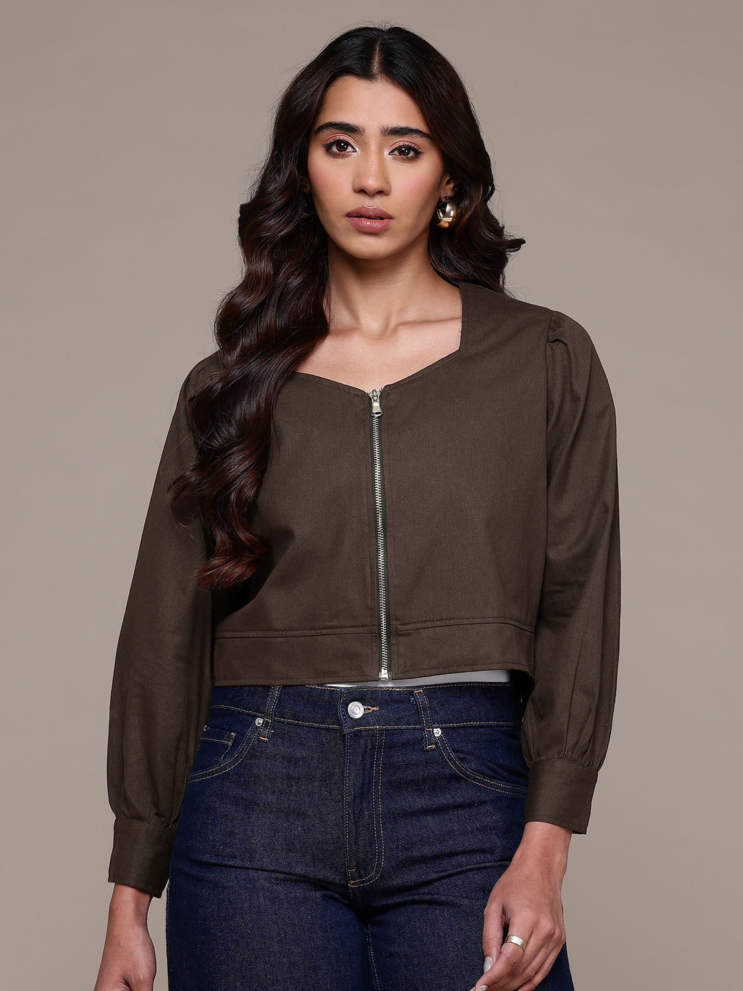 Popnetic Collarless Pure Cotton Crop Tailored Jacket