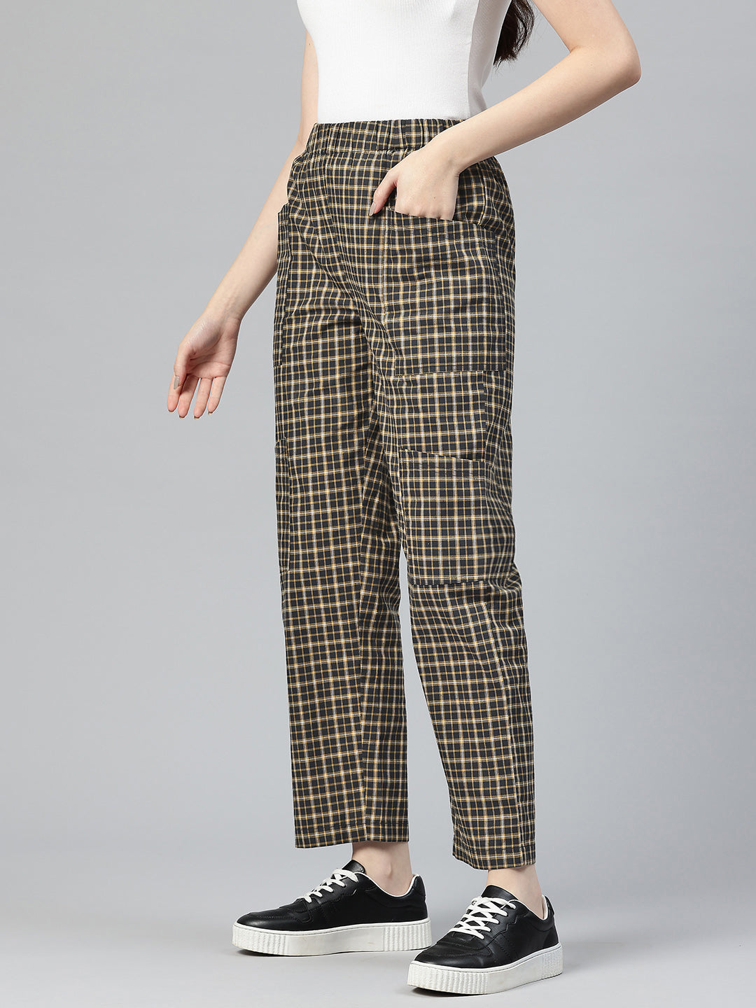 Popnetic Checked High-Rise Pleated Cargos
