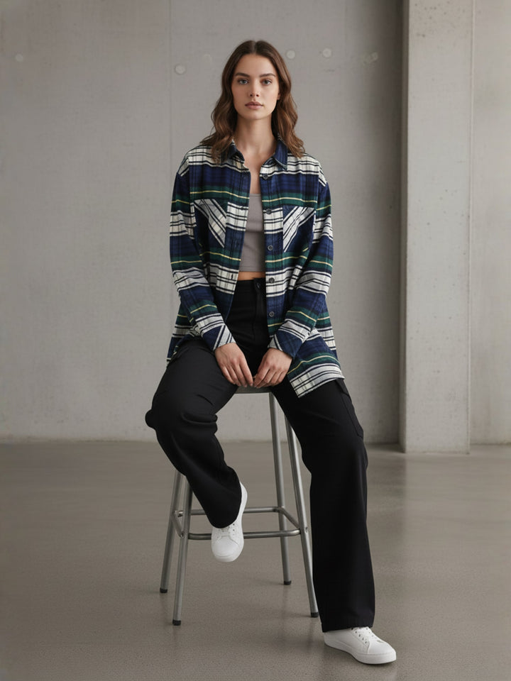 Popnetic Women Pure Cotton Flannel Oversized Shirt