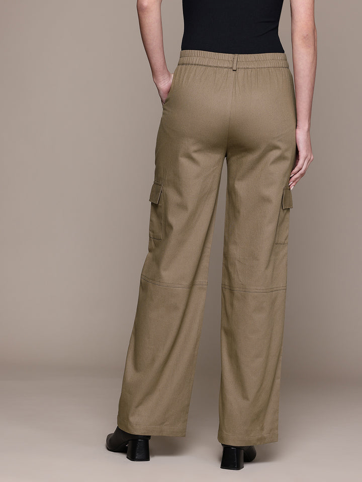 Popnetic Women High-Rise Pure Cotton Twill Weave Cargo-Style Wide Leg Trousers