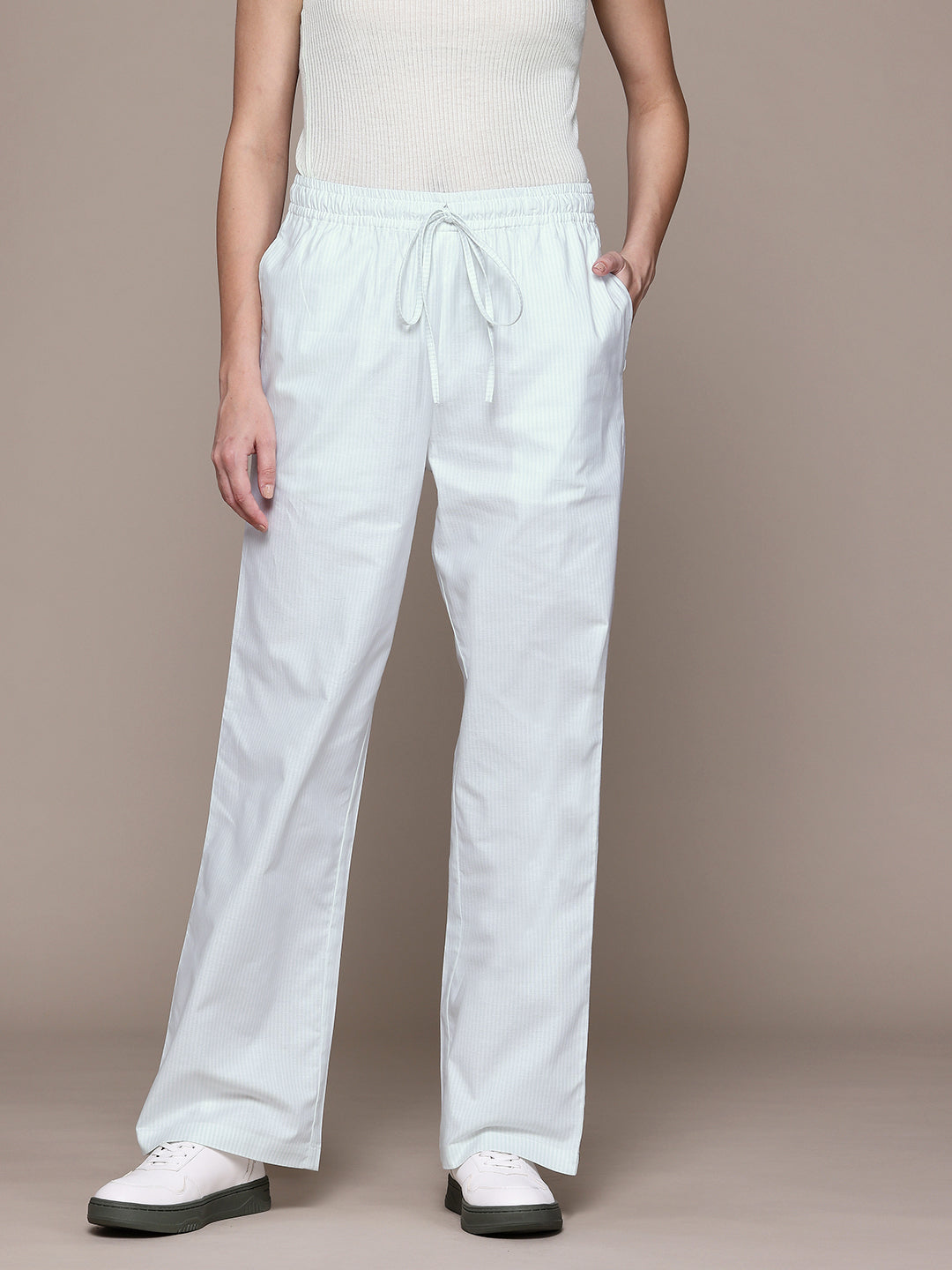 Popnetic Women Striped Smart High-Rise Cotton Linen Trousers