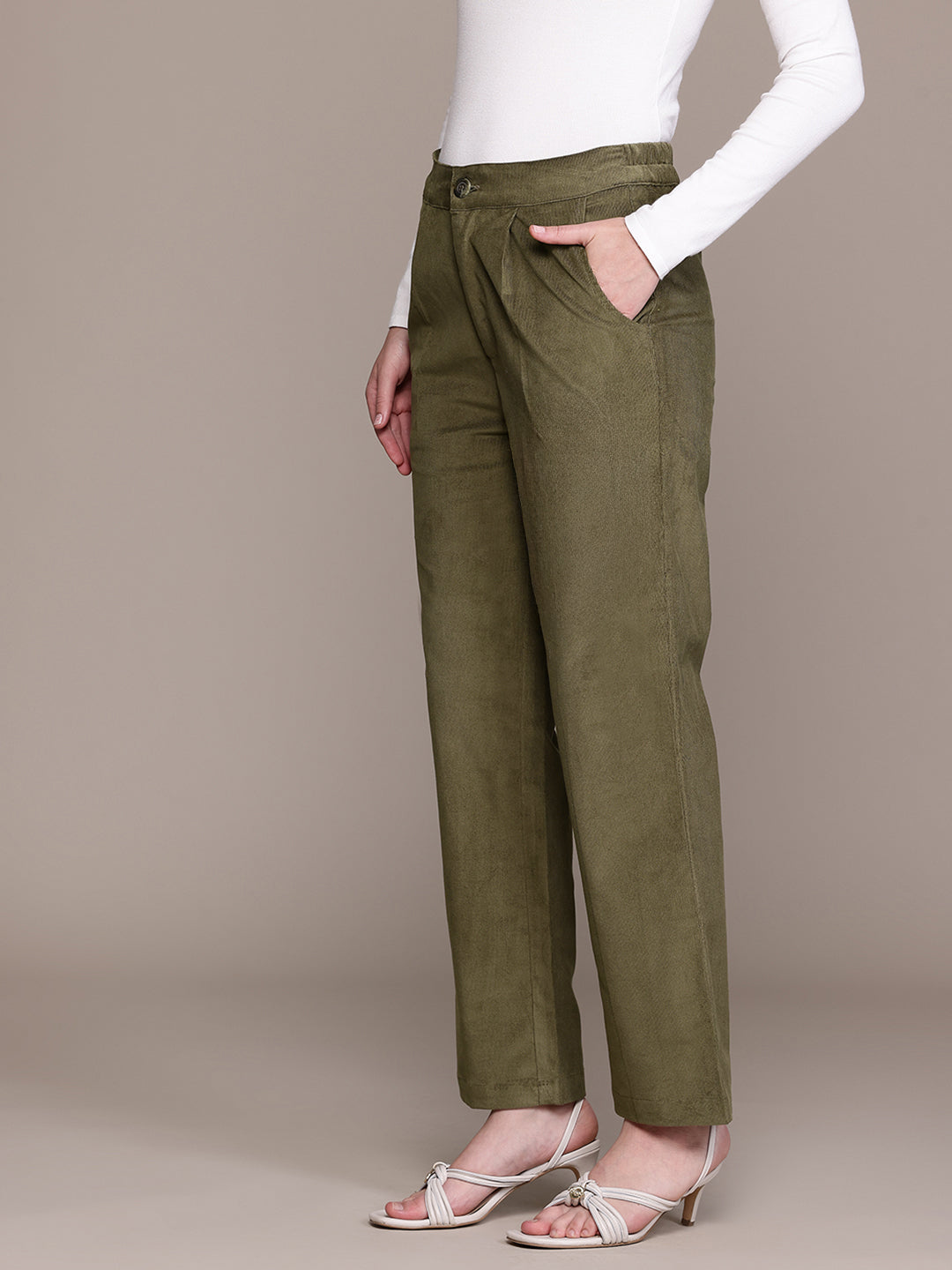 Popnetic Women Smart Straight Fit High-Rise Corduroy Pleated Trousers