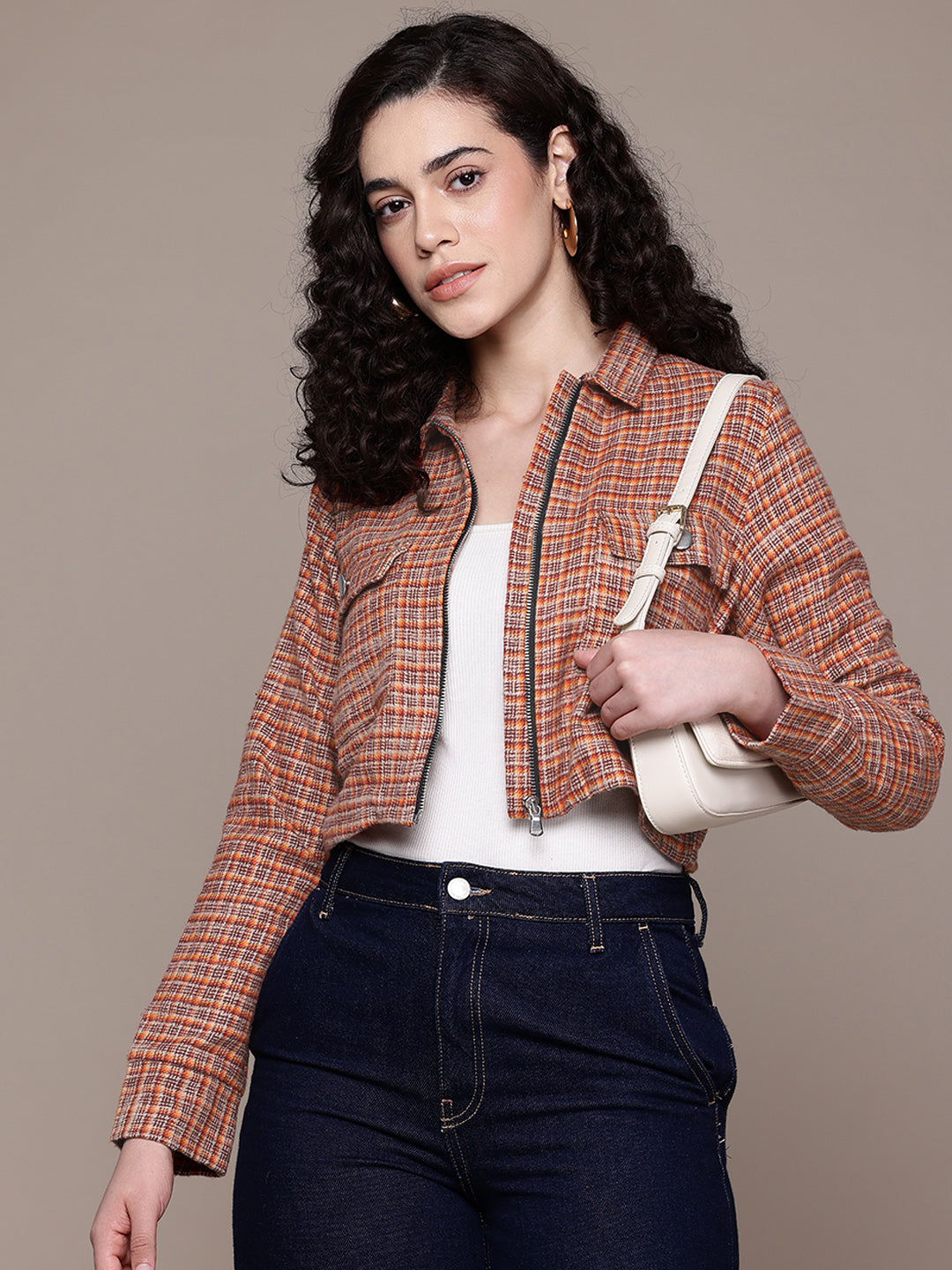 Popnetic Women Pure Cotton Checked Crop Tailored Jacket