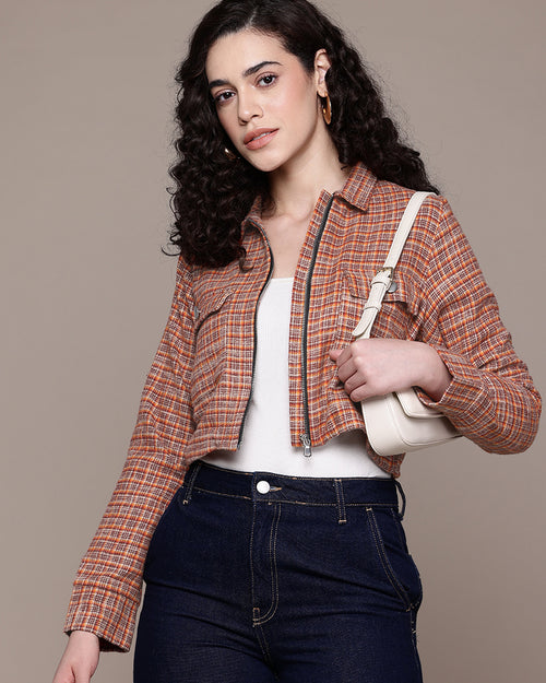 Popnetic Women Pure Cotton Checked Crop Tailored Jacket