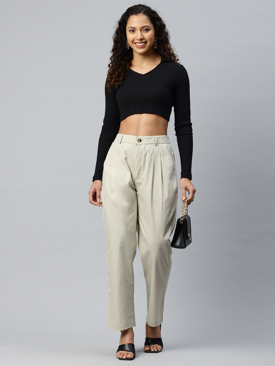 Popnetic Loose Fit High-Rise Pleated Pure Cotton Trousers