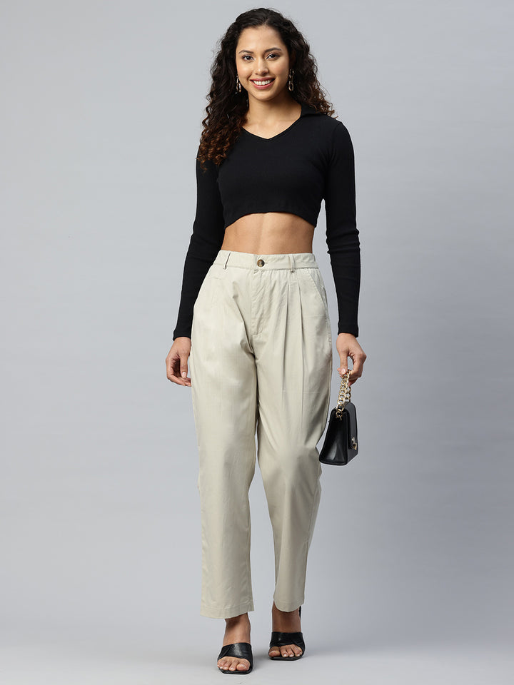 Popnetic Loose Fit High-Rise Pleated Pure Cotton Trousers