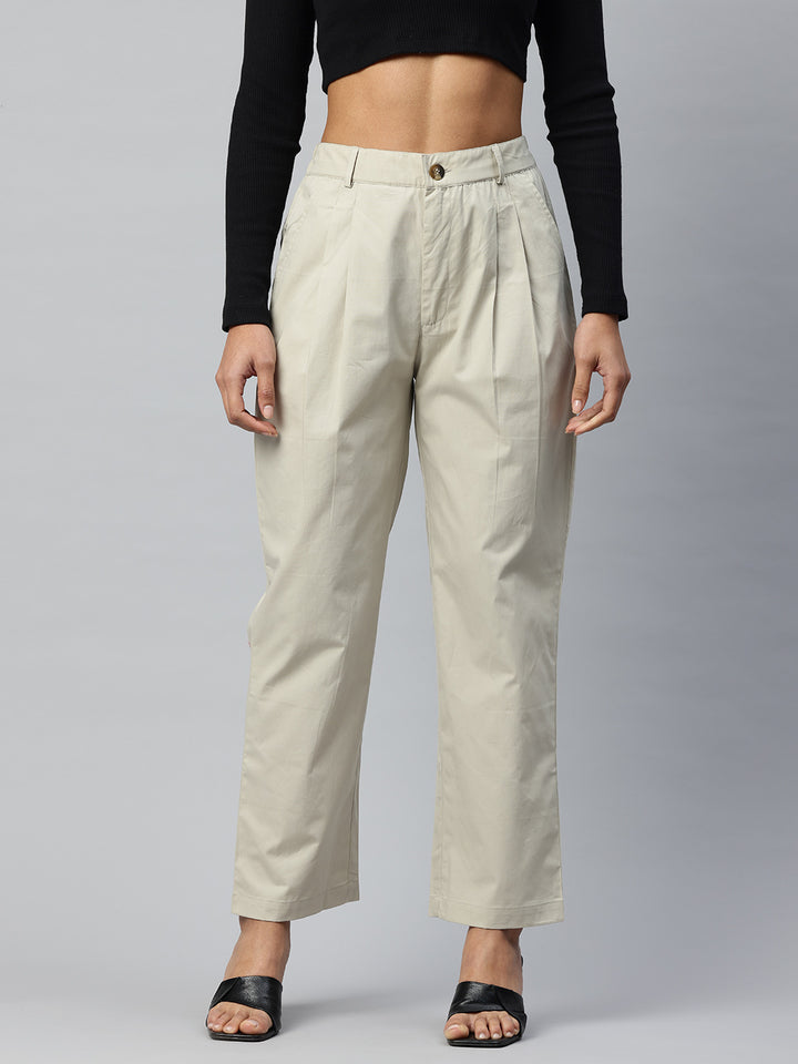 Popnetic Loose Fit High-Rise Pleated Pure Cotton Trousers