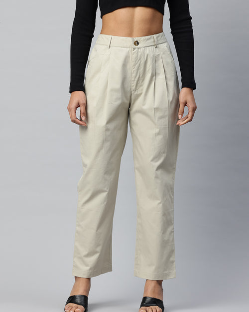 Popnetic Loose Fit High-Rise Pleated Pure Cotton Trousers