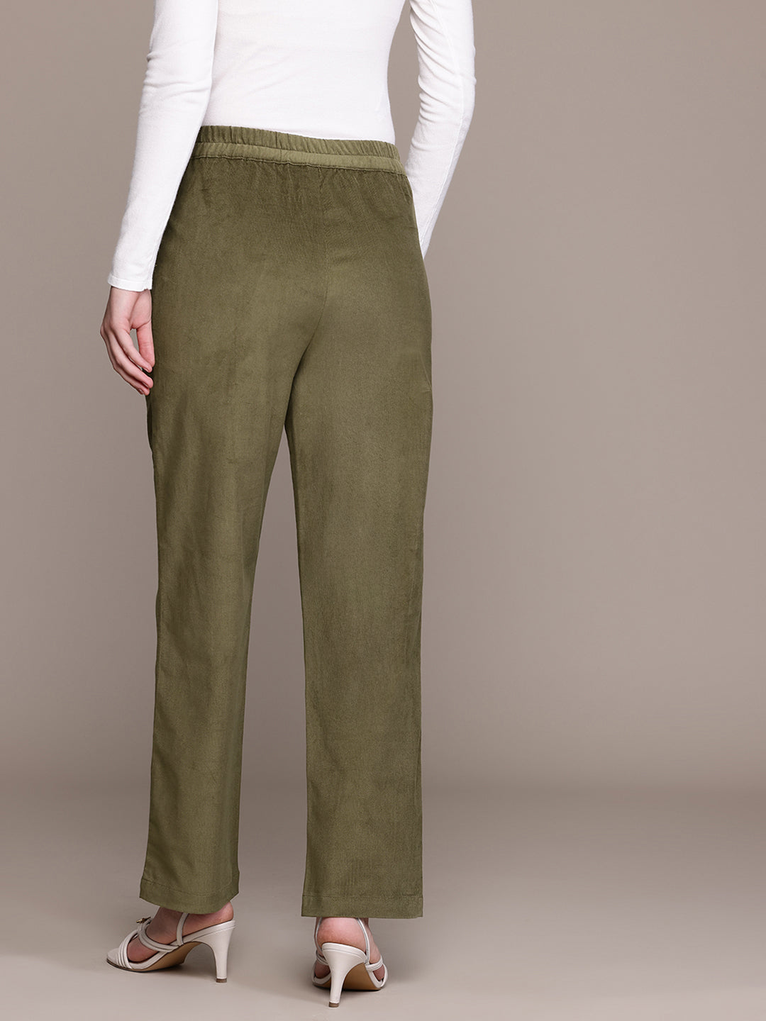 Popnetic Women Smart Straight Fit High-Rise Corduroy Pleated Trousers